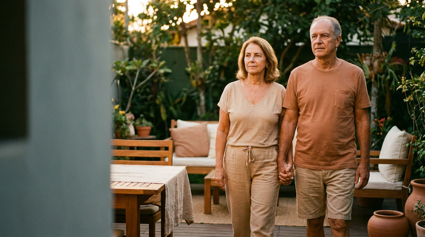 Casal mais velho no quintal planejando o futuro