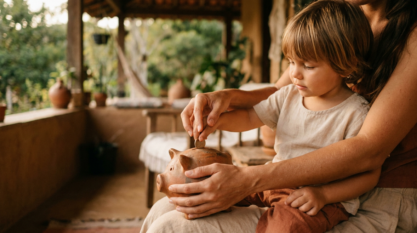 Criança guardando moeda em um cofre com ajuda da mãe