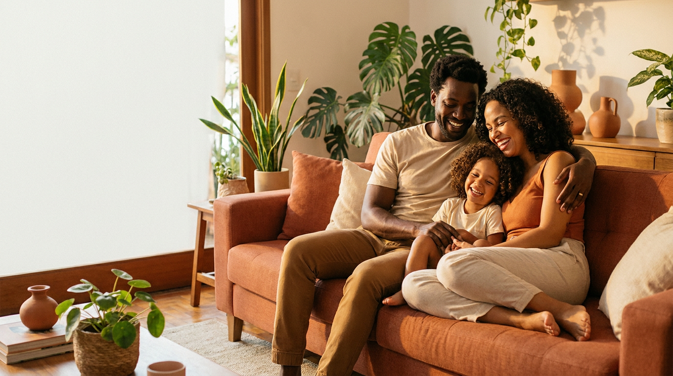 Família em casa no sofá, tranquila e protegida